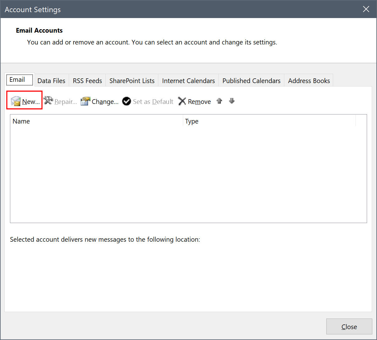 Click New in the Account Settings dialog